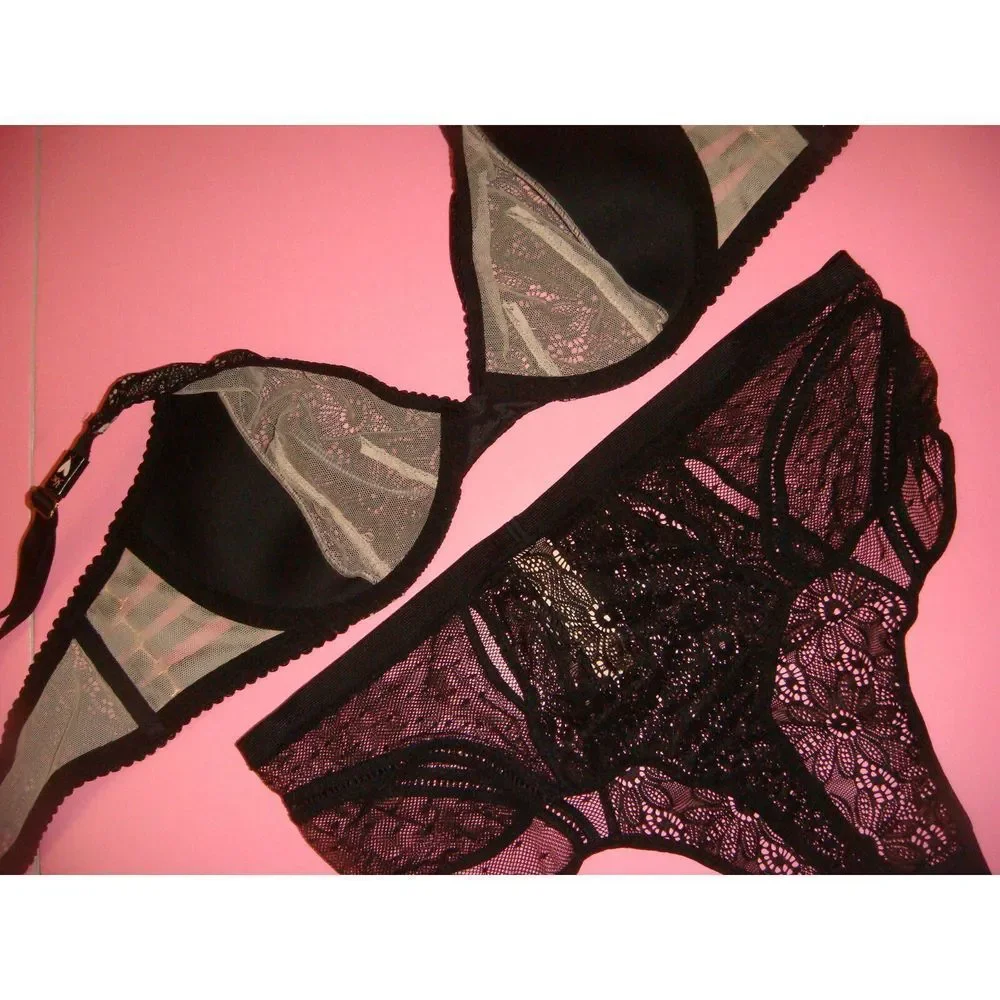 Victoria's Secret unlined 36C BRA SET+M+CORSET bustier Black floral lace strappy - Picture 6 of 7